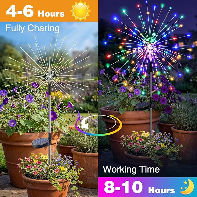 btfarm 4 Pack 120 LED Solar Garden Lights Outdoor, 8 Modes Firework Lights Solar Powered, Waterproof Twinkle Fairy Light Outside for Yard Patio Pathway Pool Christmas Party Decorative, Multicolor
