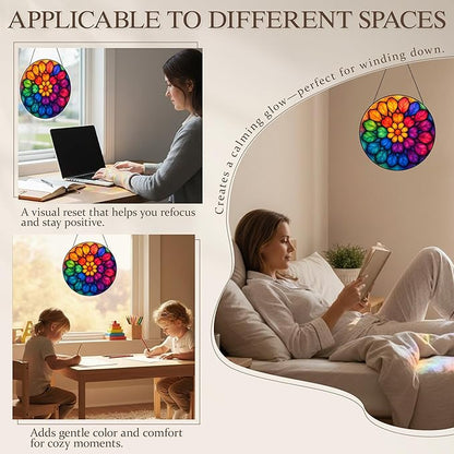 Stained Glass Window Hanging, Rainbow Mandala Meditation Sun Catcher, Stained Glass Panels for Indoor Windows Wall Art Decor, Birthday Gift for Mom Women Wife Lovers (7.87inch)