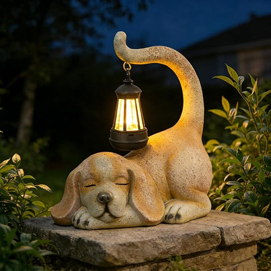 Solar Dog Garden Statue with Lantern, Beagle Dog Figurine Solar Light Garden Outdoor Decor, Outdoor Waterproof Decoration for Dogs Lover, Beautifully Crafted Birthday Gifts for Mom or Dad