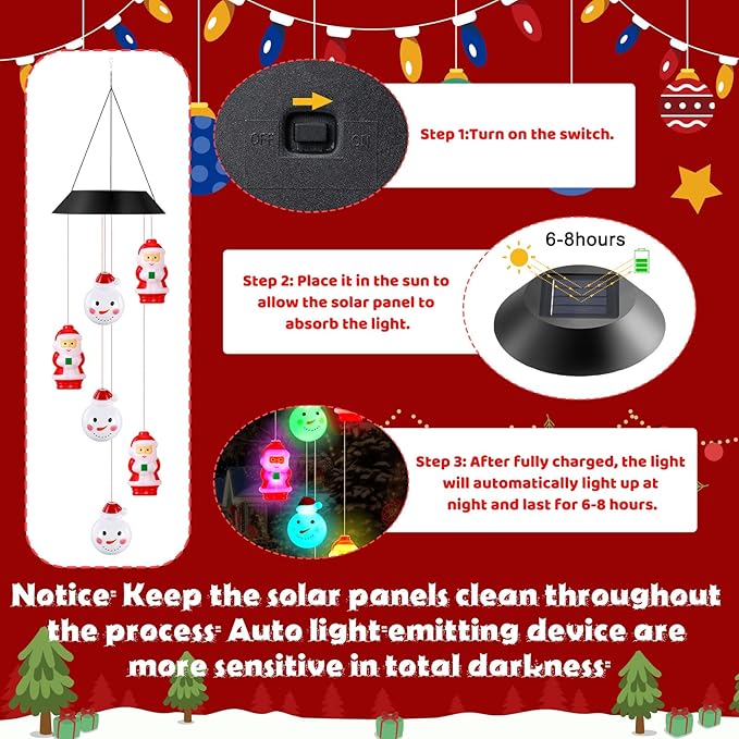 GlikCeil Christmas Solar Wind Chimes 27.5Inch Christmas Decorations Outside Waterproof Hanging LED for Yard, Porch, Patio, Party, Color Changing Lights