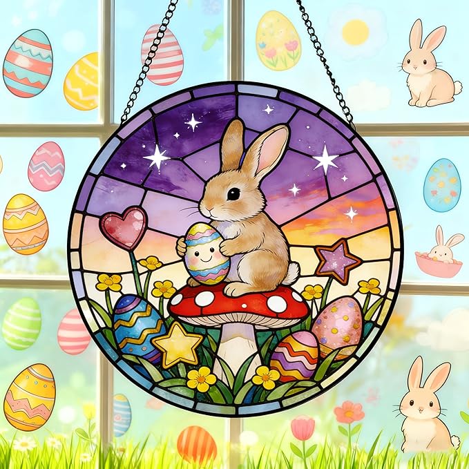 Funoasis Bunny Stained Glass Suncatcher - 6.3 Inches Easter Egg Rabbit and Mushroom Hanging Window Ornaments for Home Spring Decoration