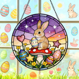 Funoasis Bunny Stained Glass Suncatcher - 6.3 Inches Easter Egg Rabbit and Mushroom Hanging Window Ornaments for Home Spring Decoration