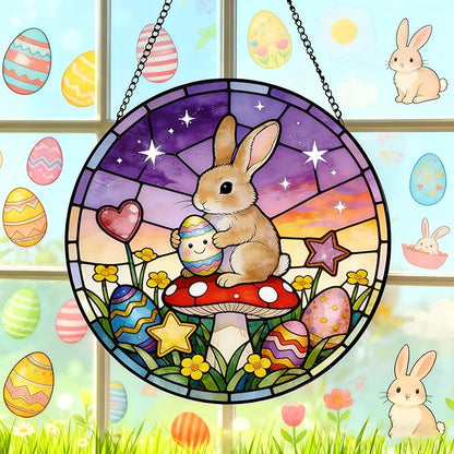 Funoasis Bunny Stained Glass Suncatcher - 6.3 Inches Easter Egg Rabbit and Mushroom Hanging Window Ornaments for Home Spring Decoration