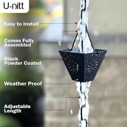 U-nitt Rain Chain Water Collection for Gutters Rainwater Catcher & Diverter, 8.5 FT Chains for Outside Garden, Black Square Cups, Roof Downspout, Works with Heavy Rain, w/Gutter Clip for Rainchains