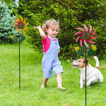 2 Pack Flower Wind Spinners Outdoor, Colorful Wind Sculptures & Spinners with Stake, Metal Windmill for Yard Patio Lawn Garden Decor, 31 x 8 Inches