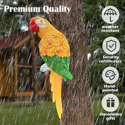 12.7in Fake Parrots Statue for Outdoor Pool Deck Decorations, Resin Lifesize Hawaiian Tropical Birds Decor for Patio, Wall Parrot Decor, Plastic Parrot Sculpture for Yard, Palm Tree(Yellow)