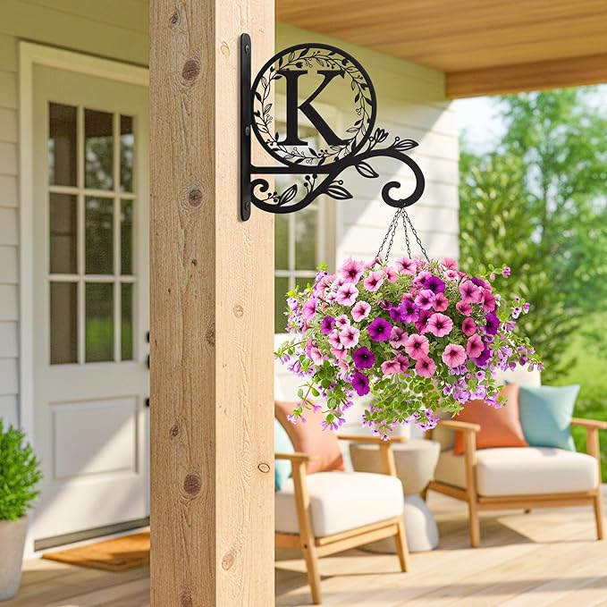 Personalized Initial Metal Plant Hanger Bracket, Decorative Wall Mount Hanging Plant Hook, Monogram Floral Leaf Garden Stake for Hanging Baskets Bird Feeders Lanterns Wind Chime (K)