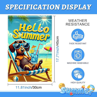 HOMETITUTE Hello Summer Garden Flag Dachshund Dog Flag 12x18 Inch Double Sided Summer Dachshund Garden Flag Sea Beach Seasonal Yard Flag for Outside Decoration Small Seasonal Decor for Farmhouse Holiday