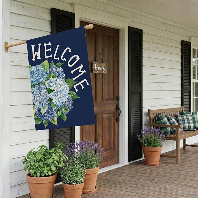 CROWNED BEAUTY Spring House Flag Hydrangea Welcome Double Sided 28x40 Inches Large Burlap Welcome Holiday Seasonal Yard Decoration for Outside Porch