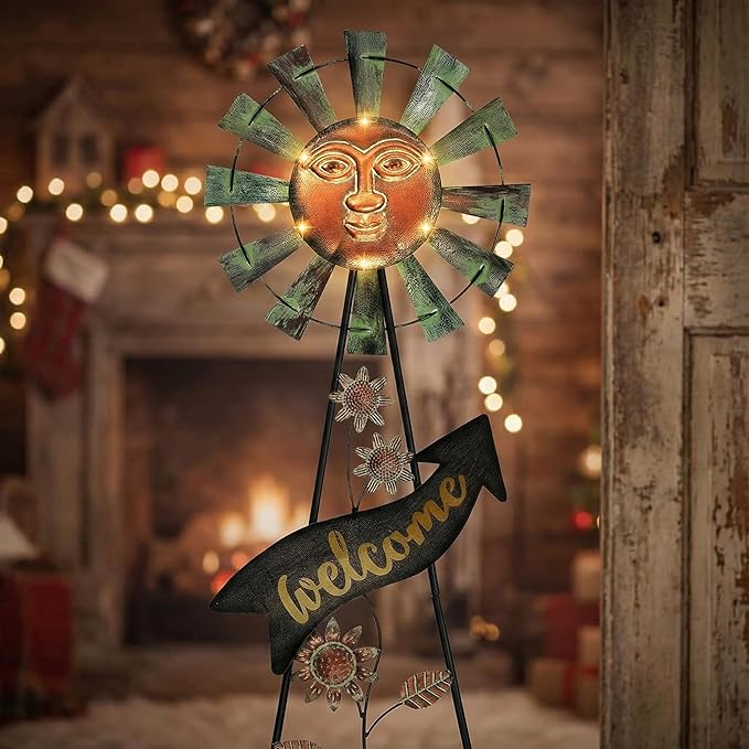 TERESA'S COLLECTIONS Garden Decor with Solar Outdoor Lights, Wind Spinner Yard Art Sign for Outside, 26'' Bronze Metal Sun Face Windmill Decorative Garden Stake for Lawn Ornaments, Gifts for Mom