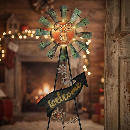 TERESA'S COLLECTIONS Garden Decor with Solar Outdoor Lights, Wind Spinner Yard Art Sign for Outside, 26'' Bronze Metal Sun Face Windmill Decorative Garden Stake for Lawn Ornaments, Gifts for Mom