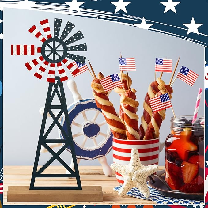 Tandefio 1 Pcs Patriotic Farmhouse Windmill Table Top 11.8 Inch Metal Rustic 4th of July Vintage Desk Shelf Decor Farmhouse American Red White Blue Windmill for 250th Anniversary Memorial Day Home