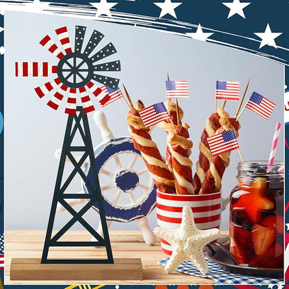 Tandefio 1 Pcs Patriotic Farmhouse Windmill Table Top 11.8 Inch Metal Rustic 4th of July Vintage Desk Shelf Decor Farmhouse American Red White Blue Windmill for 250th Anniversary Memorial Day Home