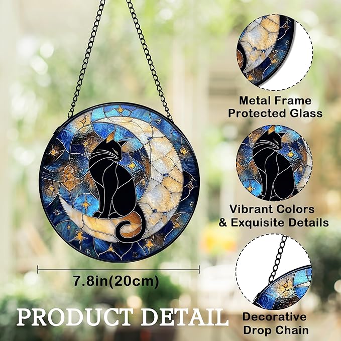 Cat Suncatcher, Black Cat on Moon Suncatchers Stained Glass Window Hanging, Celestial Moon and Star Sun Catchers Indoor Window Glass Round Wall Decor, 7.9x7.9in