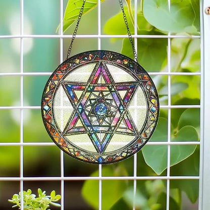Star of David Suncatcher Stained Glass Window Hanging - 9.84inch Hand-Painted Sun Catcher Garden Hanging Decoration with Metal Chain Outdoor Garden Decor Gift for Women