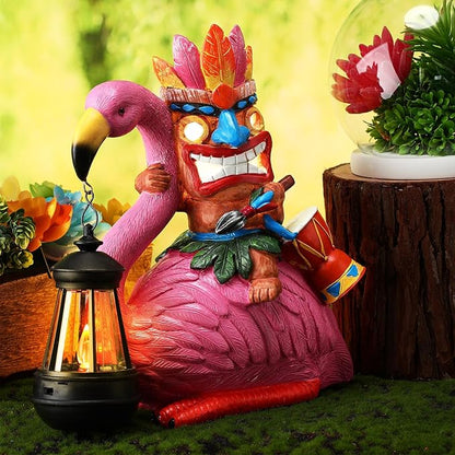 Gerrii Solar Tiki Statue Outdoor Light Decoration Tiki Bar Garden Statues 11'' Resin Waterproof Flamingo Figurines for Garden, Patio, Balcony, Yard, Lawn Ornament
