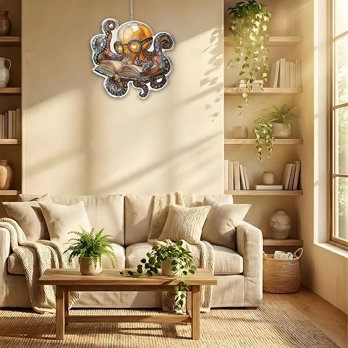 Reading Kraken Octopus Acrylic Suncatcher, Bookish Suncatchers for Window Hanging Ornament, Art Garden Decor for Book Lover Reader Bookworm, Gifts for Mother's Day, Mom, Grandma, Wife, Women, Nana