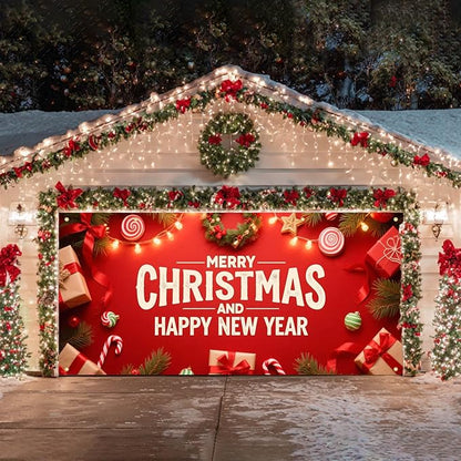 HOMETITUTE Christmas Garage Door Banner 13x6ft Merry Christmas Happy New Year Red Theme Backdrop Decor Banners for Outside Indoor Winter Door Cover Garage Wall Covering for Party Garage Decorations