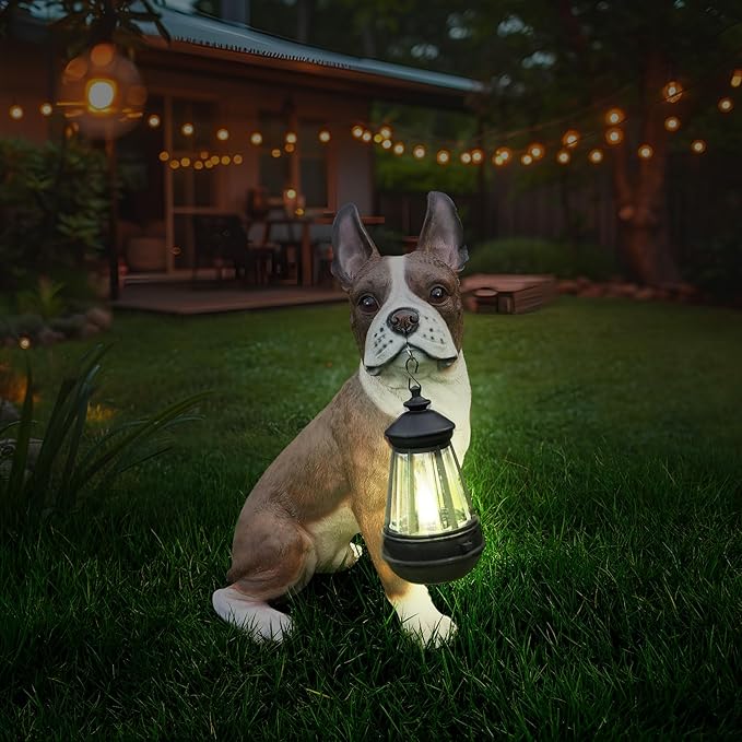 Outdoor French Bulldog Dog Statue with Interchangeable Welcome Sign and Detachable Solar Lantern –LED Light Garden Dog Sculpture Décor, Cute Puppy Design for Yard, Porch, Gift