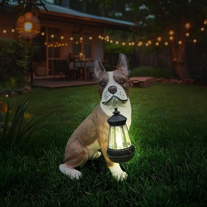 Outdoor French Bulldog Dog Statue with Interchangeable Welcome Sign and Detachable Solar Lantern –LED Light Garden Dog Sculpture Décor, Cute Puppy Design for Yard, Porch, Gift