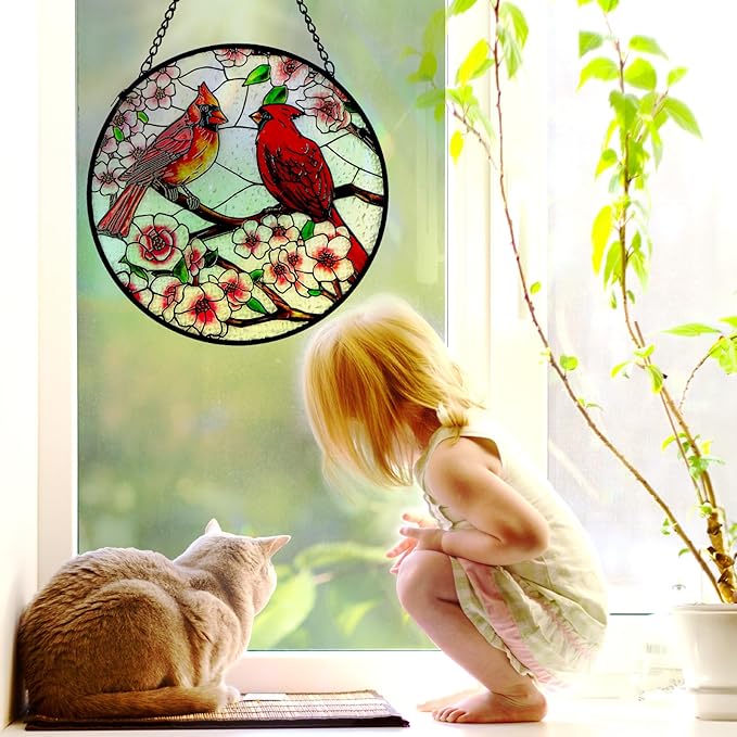 Remiawy Cardinal Stained Glass Window Hanging, 12 Inch Sun Catcher Glass Panel with Metal Chain and Hooks Suncatcher Indoor Window Wall Art Home Decor Gift for Bird Lovers Women Mother's Day Christmas