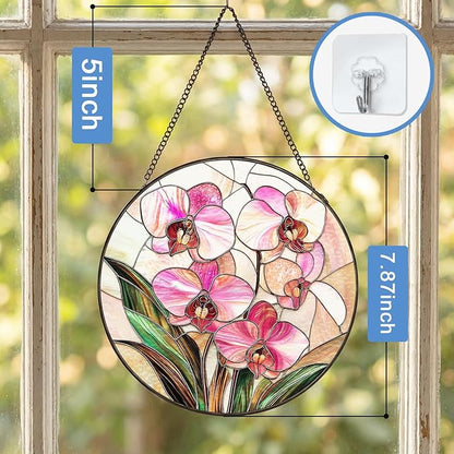 Stained Glass Sun Catcher Window Hanging - Pink Phalaenopsis Orchid Floral Design, Indoor Decor Gifts for Mother's Day, Birthday, Christmas - Perfect for Women, Mom Home Window Decor (Pink) 7.8in