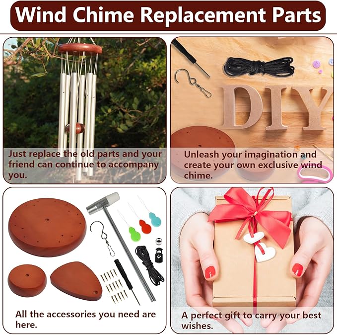 Wind Chime Replacement Parts, 28 PCS Windchime Repair Kit Including Round Top, Clapper, Wind Catcher, 19.6FT Nylon Cord, DIY Wind Chime Supplies (Light Brown)