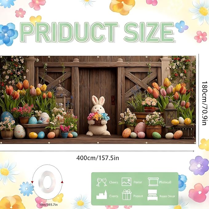 Easter Garage Door Banner Cover, Easter Bunny Flower Eggs Spring Party Backdrop Decor, Garage Door Cover For Outdoor Yard Holiday Decoration
