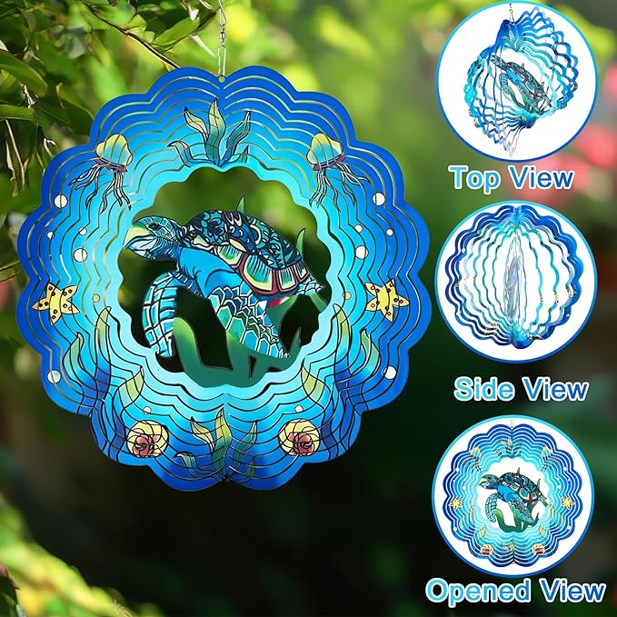 Wind Spinner Mandala 12 inch 3D Stainless Steel Laser Cut Metal Art Geometric Pattern Hanging Wind Spinner (sea Turtle)