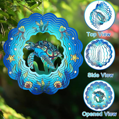 Wind Spinner Mandala 12 inch 3D Stainless Steel Laser Cut Metal Art Geometric Pattern Hanging Wind Spinner (sea Turtle)