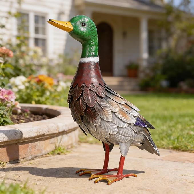 Shorayn Metal Duck Garden Statue, Life-Size Iron Mallard, Handmade Greenhead Duck Yard Decor, Indoor Outdoor Ornament, Gift for Housewarming/Mother’s Day/Christmas