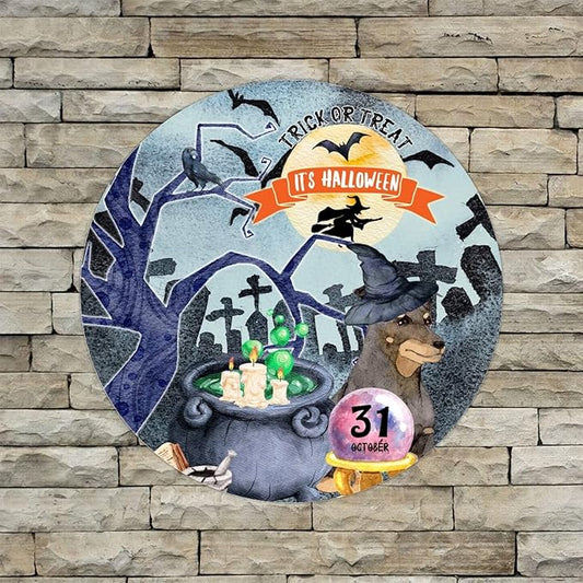 Retro Metal Sign 12"x12",Happy Halloween Scary Night Grave Witch Bats Trick Or Treat Dog Aluminum Tin Metal Sign for Home Living Room Bedroom Garden Farm Patio Decor Wall Art Poster