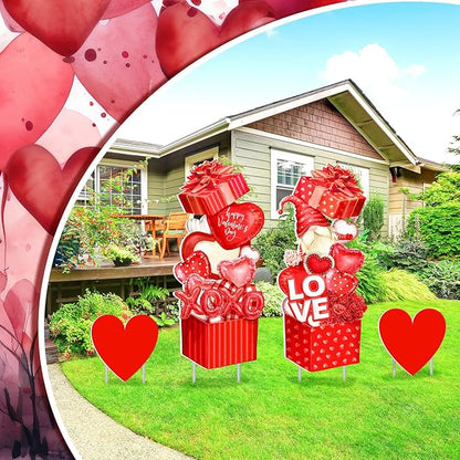 Yuntau 4 Pcs Valentine's Day Yard Signs Gnome Outdoor Sign with Stakes Valentine Red Heart Rose Gnome Lawn Gift Box for Holiday Pathway Lawn Walkway Patio Party Wedding Anniversary Decor