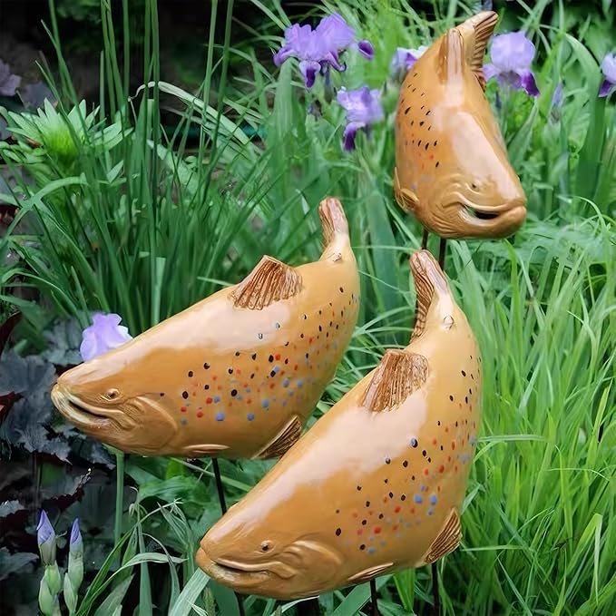 Koi Fish Decor Garden: 3 Pcs Resin Koi Fish Sculpture, Garden Fishes Statue with Stake, for Outdoors, Patio, Yard, Lawn, Pond and Home Decoration (Brown)