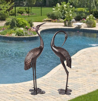 Westcharm Cast Aluminum Cranes for Yard Garden Sculpture Pair Statue - Upright and Preening Standing Crane Heron Couple Sculpture Set, Bronze