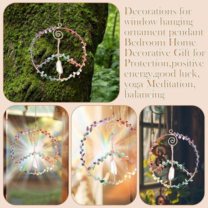 Siifert 6 Inches Crystal Winding Peace Sign Sun catcher, Metal Peace Sign Wall Decor Art Rose Gold Life Crystal Stone Sun catcher Window Car Wall Art Hanging Decorations for Home Office Decor Ornament