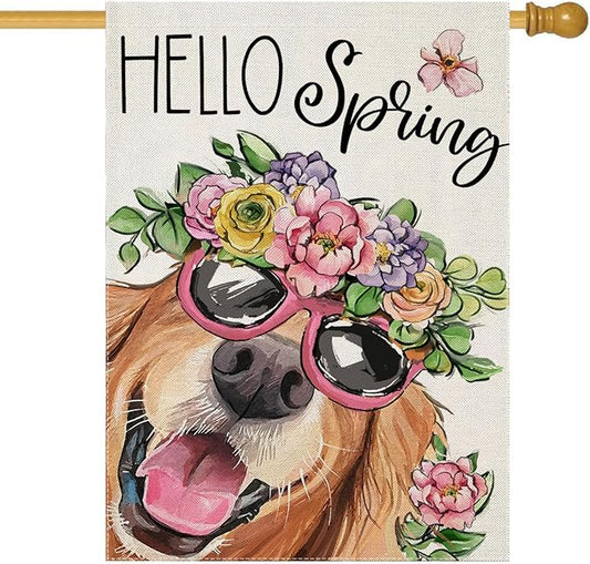 Hello Spring House Flags for Outdoor Decoration, Dog with Flowers Hat Large Yard Flag, Seasonal Decorative Celebration Decor for Summer Farmhouse Holiday Outside 28x40 Inch Vertical Double