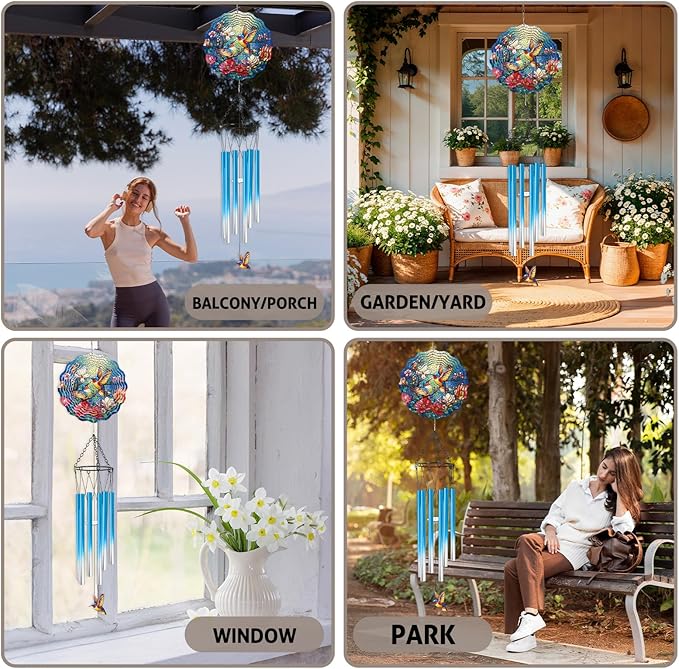 Hummingbird Wind Chimes for Outside - Hummingbird Wind Chimes with 3D Wind Spinners for Bird Lover, Hanging Art Ornament with Card for Indoors Room Home Wall Garden Patio Yard Porch Backyard