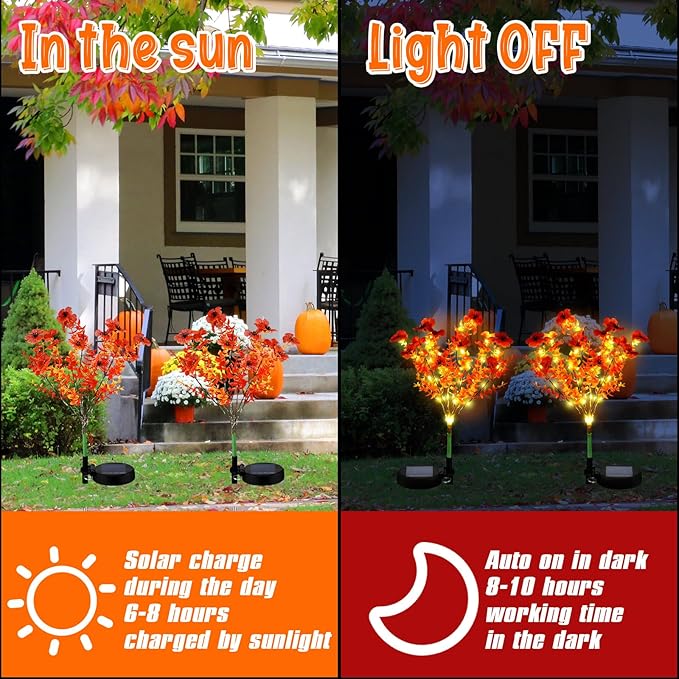Glooglitter 2 Pack Solar Stake Lights Outdoor Decor Waterproof Mums Artificial Flowers Solar Lights for Outdoor Garden Yard Pathway Decor (Orange,Violet)