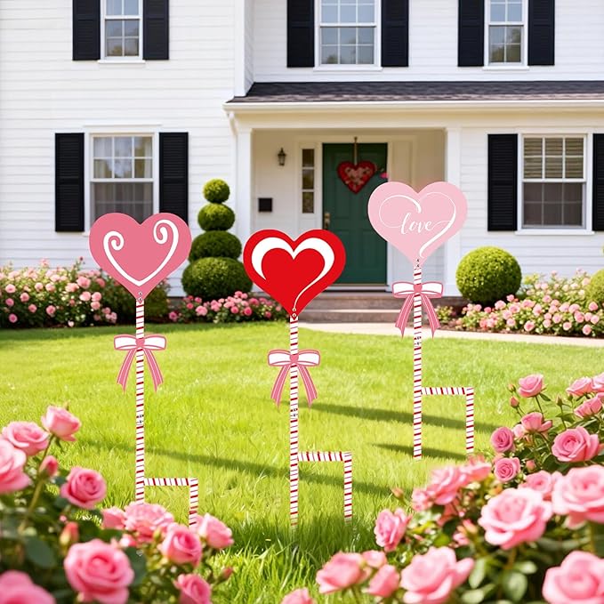 3 Pcs 24" H Valentine Yard Signs 5.9 * 6.6inch Metal Heart Valentine's Day Metal Garden Stakes Valentines Love Heart Outdoor Decorations for Patio Lawn Planter Pot Pathway Walkway Wedding Decor
