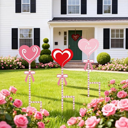 3 Pcs 24" H Valentine Yard Signs 5.9 * 6.6inch Metal Heart Valentine's Day Metal Garden Stakes Valentines Love Heart Outdoor Decorations for Patio Lawn Planter Pot Pathway Walkway Wedding Decor