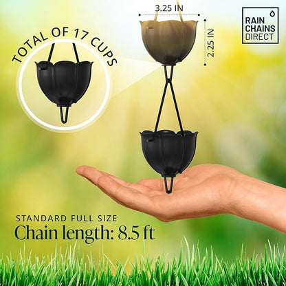 Rain Chains Direct - Tulip Rain Chain - 8.5 FT - Black Powder Coated Aluminum - Premium Rain Chains for Gutters