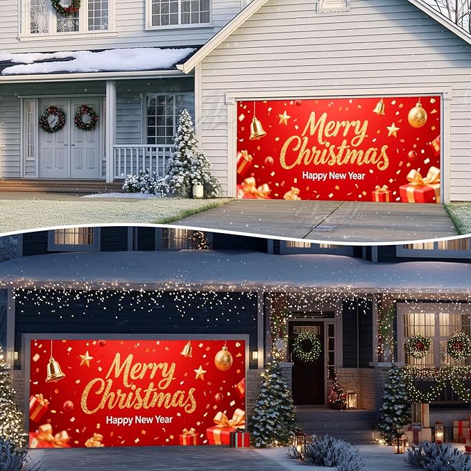 IVN Christmas Garage Door Cover Decoration 13x6ft Sparkling Gold Lettering Confetti Bells and Gifts Merry Christmas Winter Garage Door Banner Home Door Front Yard Decor for Xmas Eve Holiday Outdoor