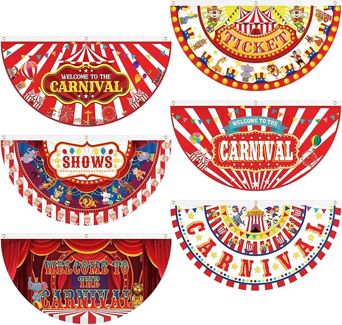 6 Pcs Circus Carnival Decoration Bunting Welcome Carnival Half Banner Red and White Striped Pattern Bunting Flag for Circus Garden Decor, 1.5 x 3 ft