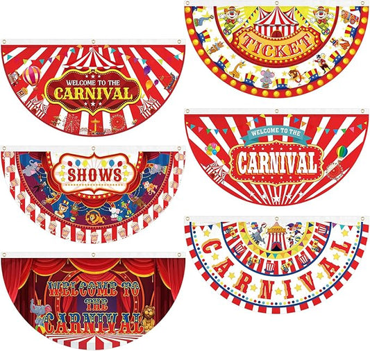 6 Pcs Circus Carnival Decoration Bunting Welcome Carnival Half Banner Red and White Striped Pattern Bunting Flag for Circus Garden Decor, 1.5 x 3 ft