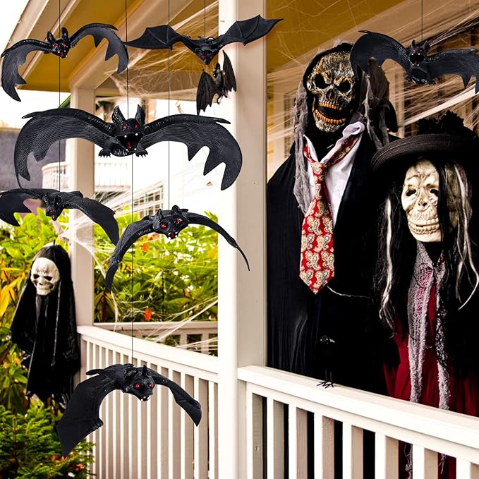 MGparty Halloween Hanging Bats 24 Pcs Realistic Scary Rubber Bats for Halloween Outdoor Indoor Yard Home Window Door Wall Decorations Halloween Party Decorations with 5 Size