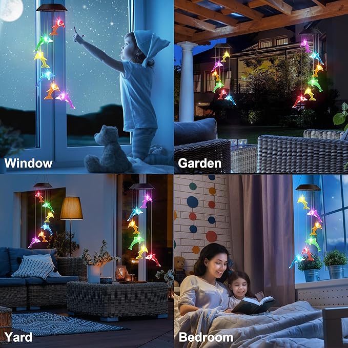 Solar Dolphin Gift for Mom Grandma Girls, Color Changing Wind Chimes for Outside, Solar Outdoor Decorative Mobile Lights for Garden, Yard, Patio, Window, Party, Christmas Decorations