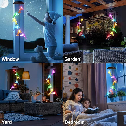 Solar Dolphin Gift for Mom Grandma Girls, Color Changing Wind Chimes for Outside, Solar Outdoor Decorative Mobile Lights for Garden, Yard, Patio, Window, Party, Christmas Decorations