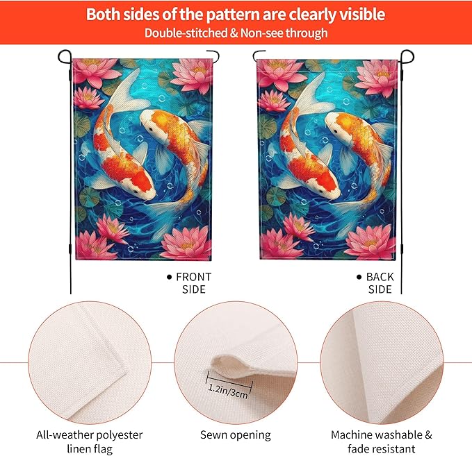 Koi Fish Garden Flag Seasonal Double Sided 12 x 18 Inch Small Yard Flag for Indoor Outdoor Decor Holiday All Seasons