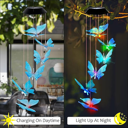 SAND MINE Solar Wind Chimes, Outdoor Butterfly Wind Chimes, Color Changing LED Mobile Wind Chime, Outdoor Waterproof LED Solar Light for Porch Deck Garden Patio Decor, Blue